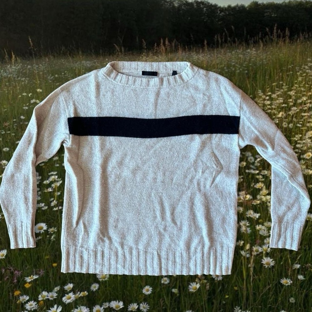 Beige Knit Sweater Top Black Stripe Detail